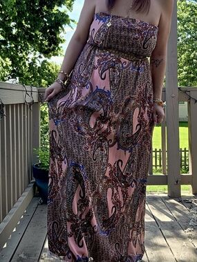 Strapless Pink Paisley Maxi Dress